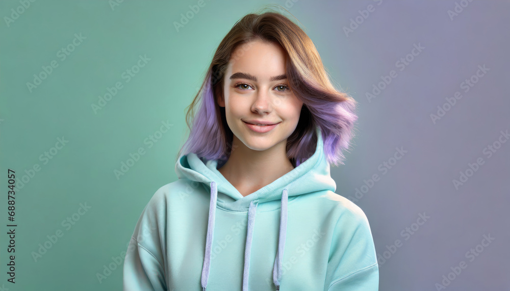 Fototapeta premium Beautiful girl in hoodie with pastel lavender hair