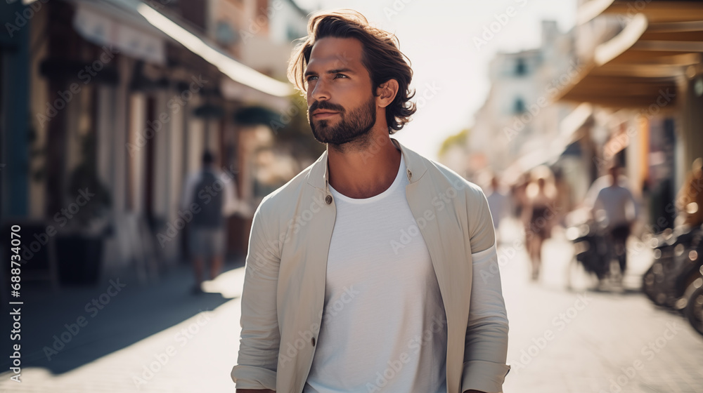 A beautiful man walks through the streets of the city. Handsome male enjoy holidays and shopping in town. Beautiful historical architecture. Travel weekend. Adventure lifestyle. Generated AI A beautiful man walks through the streets of the city. Handsome male enjoy holidays and shopping in town. Beautiful historical architecture. Travel weekend. Adventure lifestyle. Generated AI