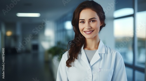 A female doctor in white scrubs with thoughtful smile and a smile is holding medicine pills or vitamins as she looks away. © Humeyra