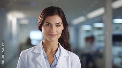 A female doctor in white scrubs with thoughtful smile and a smile is holding medicine pills or vitamins as she looks away.