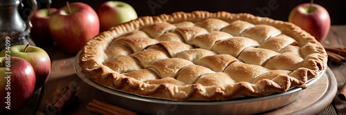 A large golden apple pie sits on a wooden table surrounded by cinnamon, sugar, nutmeg, and apples, suggesting ingredients used in its preparation.