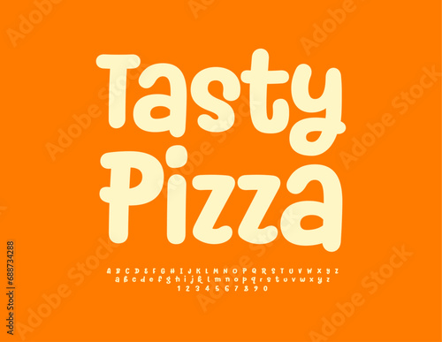 Vector promo poster Tasty Pizza. Bright Creative Font. Funny Set of handwritten Alphabet Letters, Numbers and Symbols