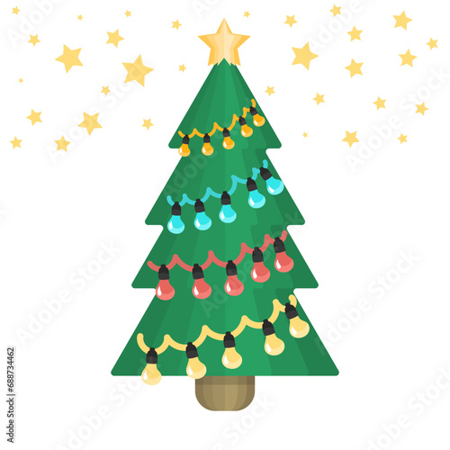 Cute green Christmas tree. Garlands with colored lights on a three-dimensional Christmas tree. Christmas illustration in cartoon style. Isolated on white background.