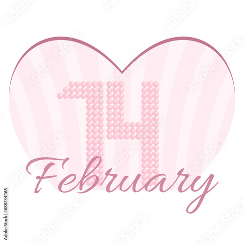 Cute illustration with big pink heart. Illustration for February 14th, Valentine's Day. Pearly numbers. Isolated on a white background.
