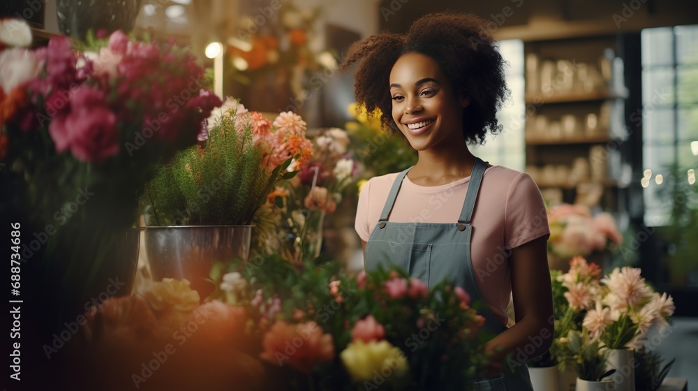 A woman with a medium-sized face working at a flower store.