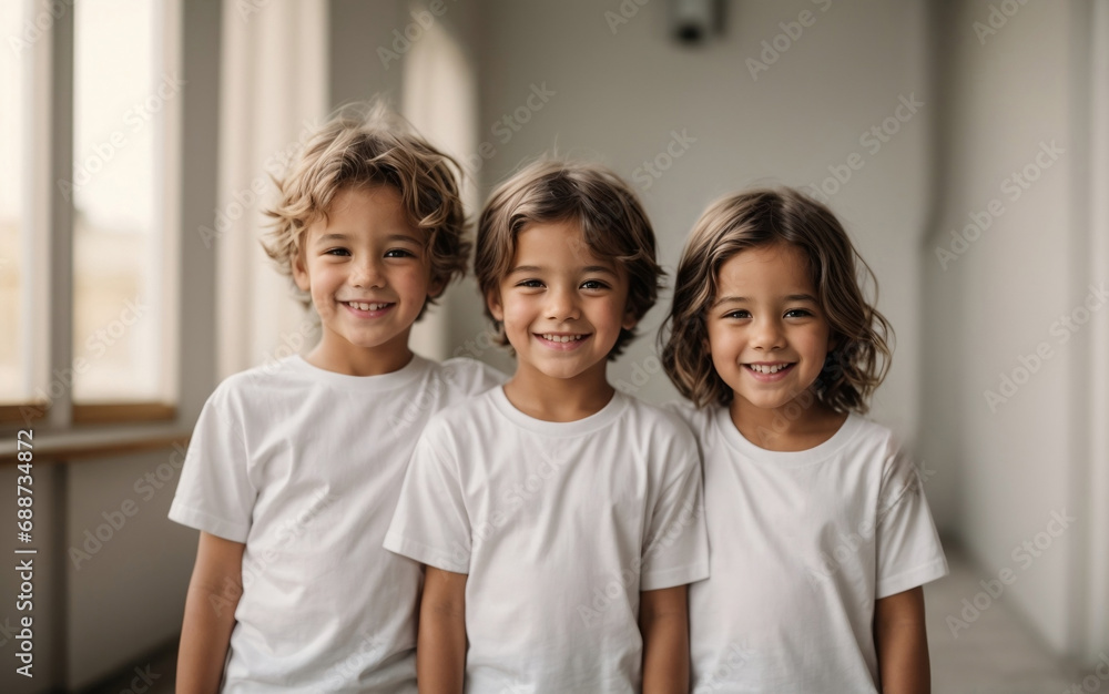 Adorable T-Shirt Mockup: Happy Little Children in White Tees Smiling and Hugging