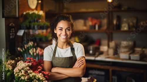 At a florist shop, there is a middle-aged brunette woman wearing an apron and holding a bouquet while making a fish face with her lips in a funny and crazy way.