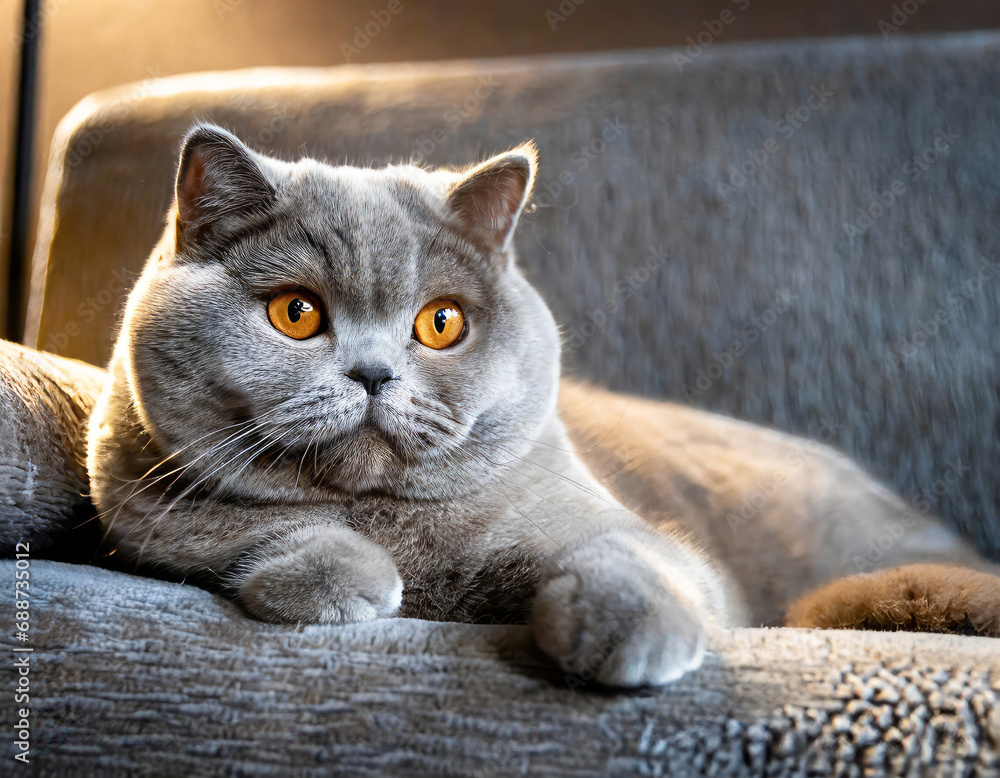 Serene moment with a British shorthair cat on the sofa image