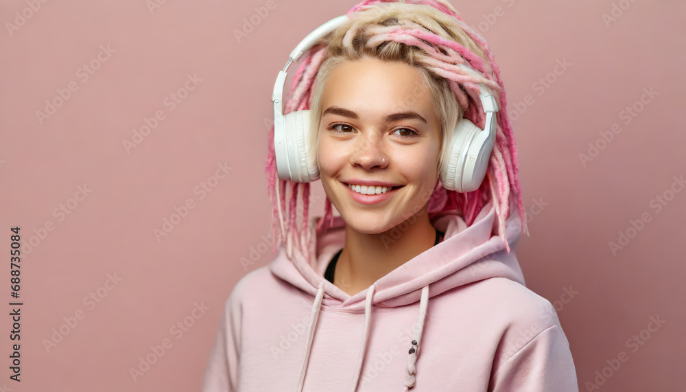Smiling young woman with dreadlocks in pink hoodie Smiling young woman with dreadlocks in pink hoodie