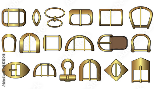 D ring and Belt buckle flat sketch vector illustration set, different types belt with Frame buckle, berg buckle and ring buckles accessories for belt, jewellery, dress fasteners and Clothing belt photo