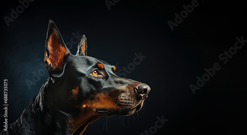 Close-up of a Doberman pinscher on a dark background, studio portrait of a dog with copy space for advertising a veterinarian or dog food