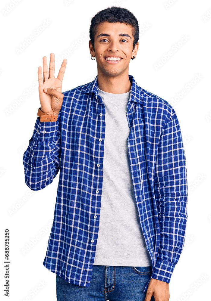 Young african amercian man wearing casual clothes showing and pointing up with fingers number four while smiling confident and happy. Young african amercian man wearing casual clothes showing and pointing up with fingers number four while smiling confident and happy.