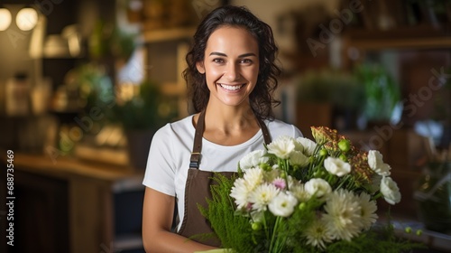 A florist with a smile is carrying a paper bag full of fresh flowers. © Roma
