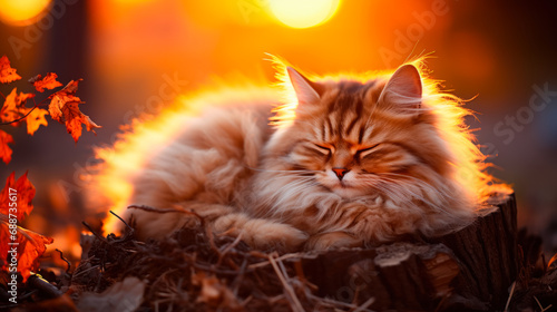 Red fluffy cat dozing in the rays of the evening autumn sun, selective focus, pet care idea, food advertising concept