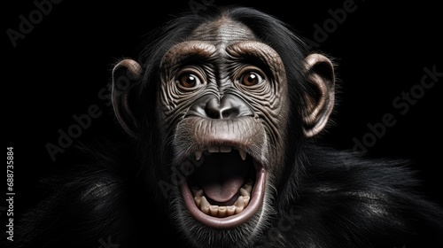 Chimpanzee. Close-up portrait of a wild ape in monochrome style. Illustration for cover, postcard, interior design, banner, brochure, etc.. © Login