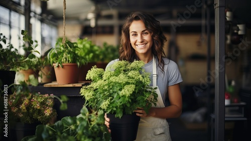 A woman is smiling as she holds a flower pot.