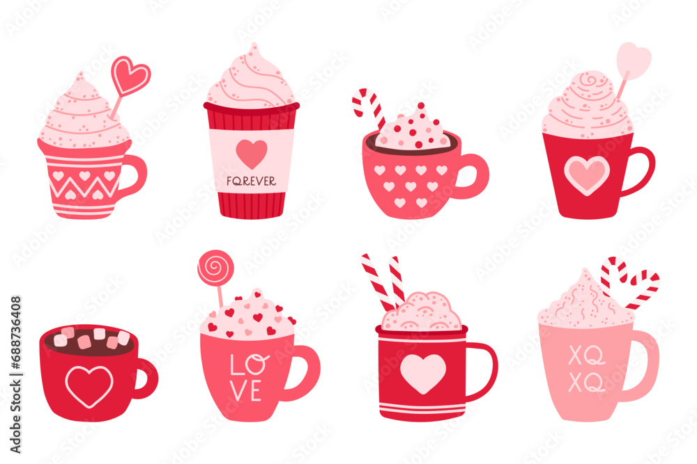 Hot drinks for Valentine's Day. Cozy red and pink cups with hearts. Hand drawn vector illustration Hot drinks for Valentine's Day. Cozy red and pink cups with hearts. Hand drawn vector illustration