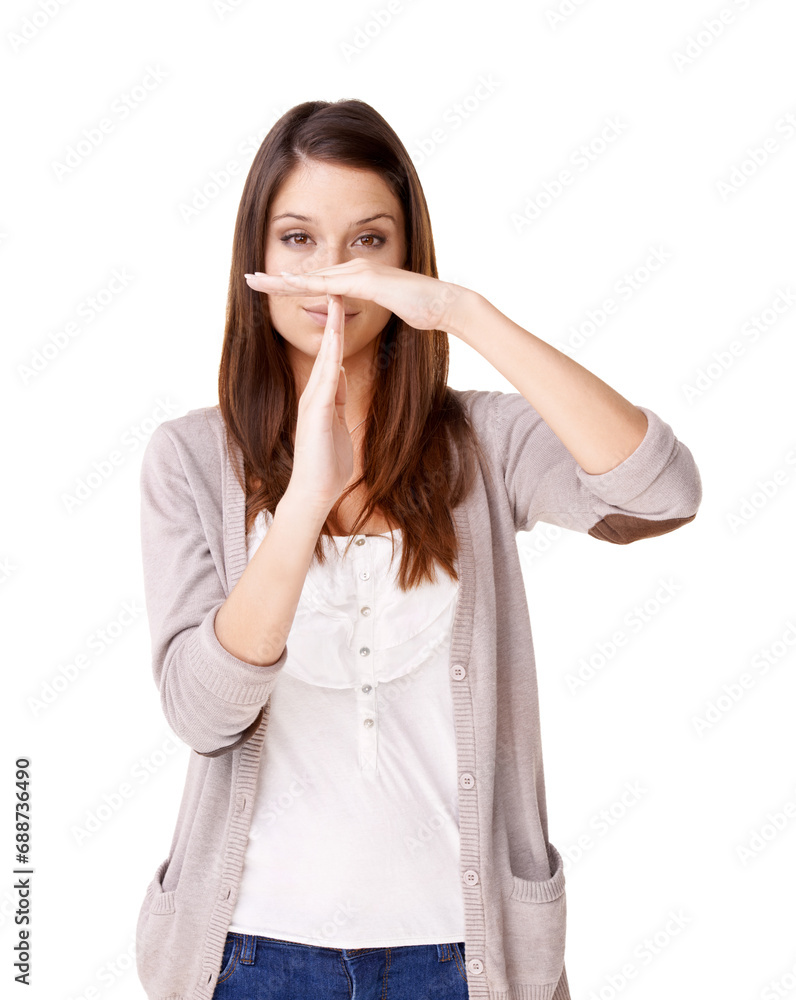Woman, portrait and hands in timeout, wait or pause against a white studio background. Casual young female person or model showing sign language, gesture or stop for break, halt or no on mockup space