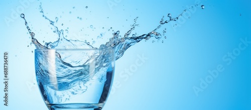 Closeup splashing out water in glass isolated on soft blue background