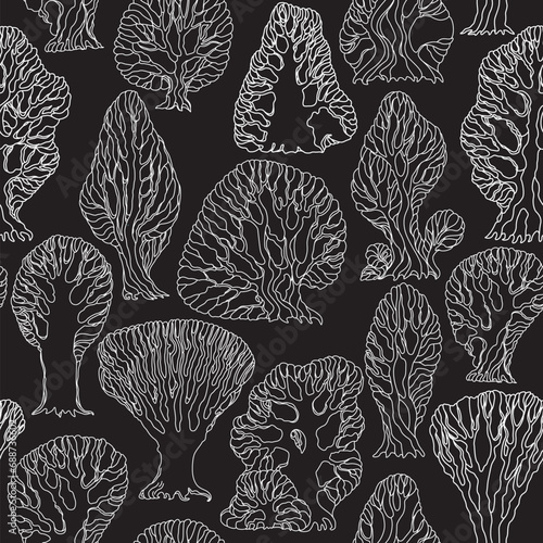 Vector floral seamless pattern. Hand drawn fantasy white contour trees on a black background