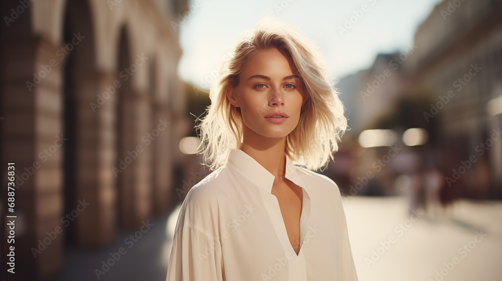 A beautiful woman with blond hair walks through the streets of the city. Girl enjoy holidays. Beautiful historical architecture. Travel weekend. Adventure lifestyle. Generated AI A beautiful woman with blond hair walks through the streets of the city. Girl enjoy holidays. Beautiful historical architecture. Travel weekend. Adventure lifestyle. Generated AI