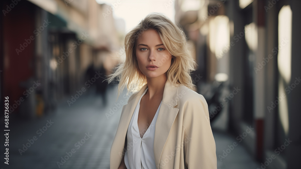 A beautiful woman with blond hair walks through the streets of the city. Girl enjoy holidays. Beautiful historical architecture. Travel weekend. Adventure lifestyle. Generated AI