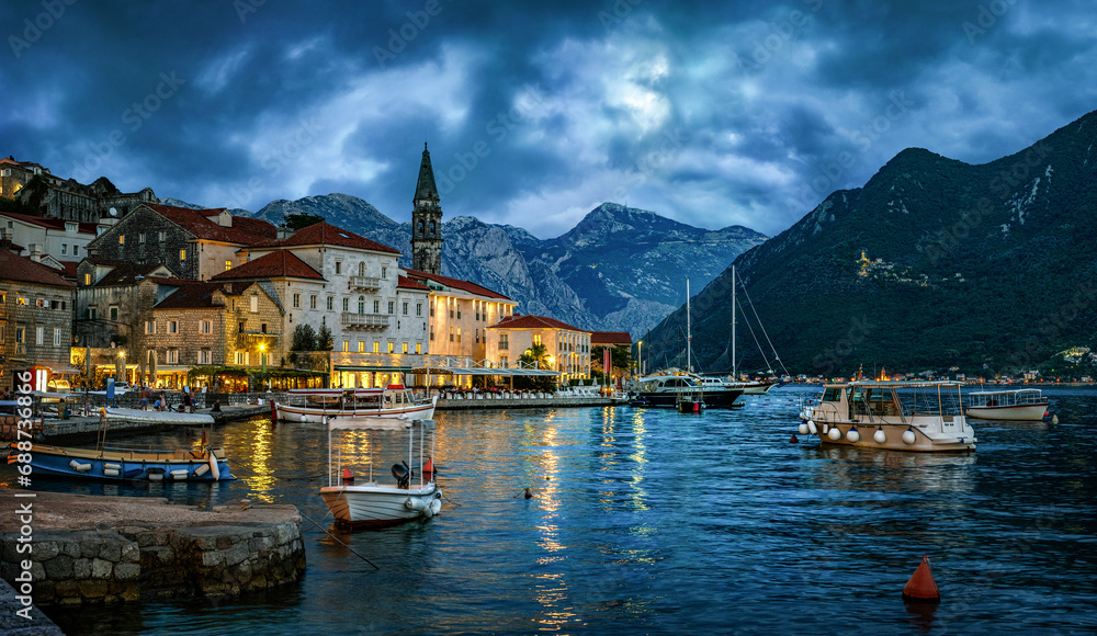 City of Perast in the Bay of Kotor in summer, Montenegro. Evening panoramic view. The Bay of Kotor is the beautiful place on the Adriatic Sea. Perast, Kotor bay, Montenegro.