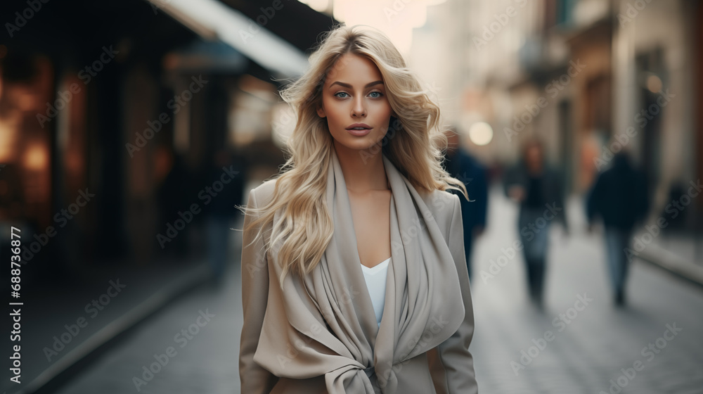Fototapeta premium A beautiful woman with blond hair walks through the streets of the city. Girl enjoy holidays. Beautiful historical architecture. Travel weekend. Adventure lifestyle. Generated AI