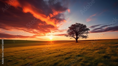 A panoramic image depicting a single tree growing under a cloudless sky at sunset, surrounded by grass. photo