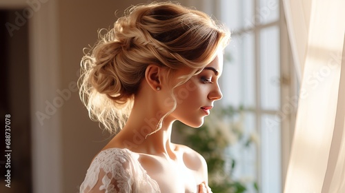 A profile for a wedding hairstyle featuring a cute model with gorgeous locks photo