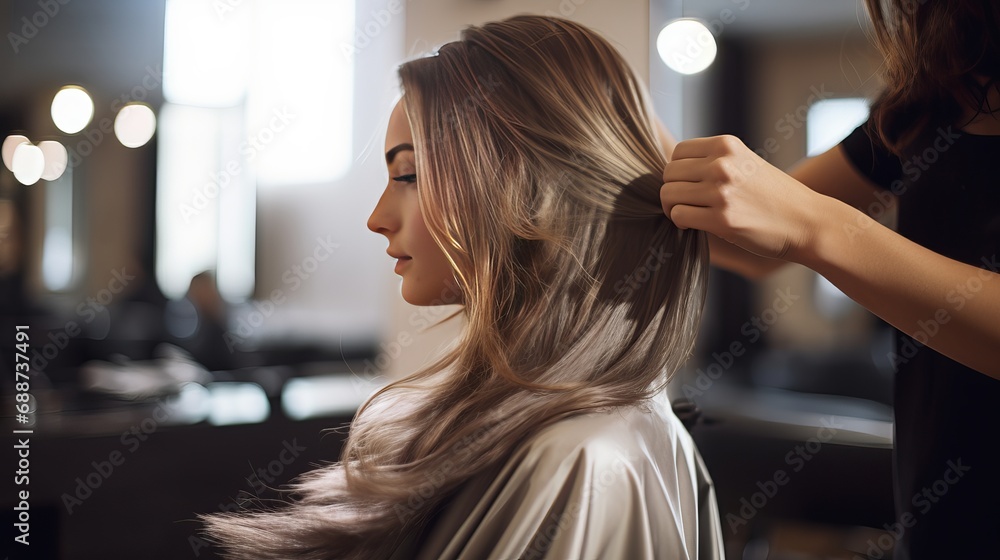 Naklejka premium A woman is in the process of getting her hair cut at a beauty salon