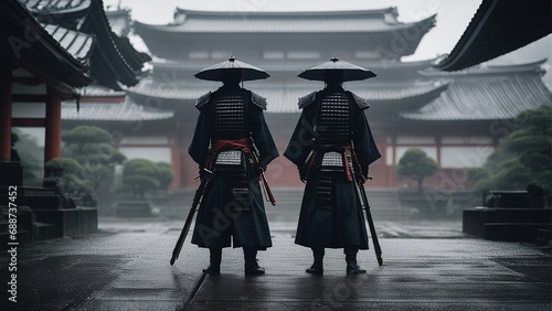 Samurai with a weapon sword is standing in front of an old Japanese temple shrine; rainy day with grey background

 photo