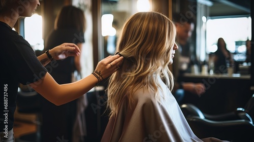 A woman is in the process of getting her hair cut at a beauty salon