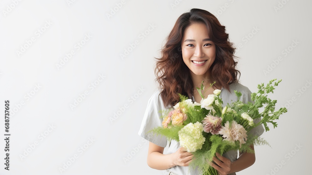 A young woman smiling with a vase of flowers on a white background. A young woman smiling with a vase of flowers on a white background.