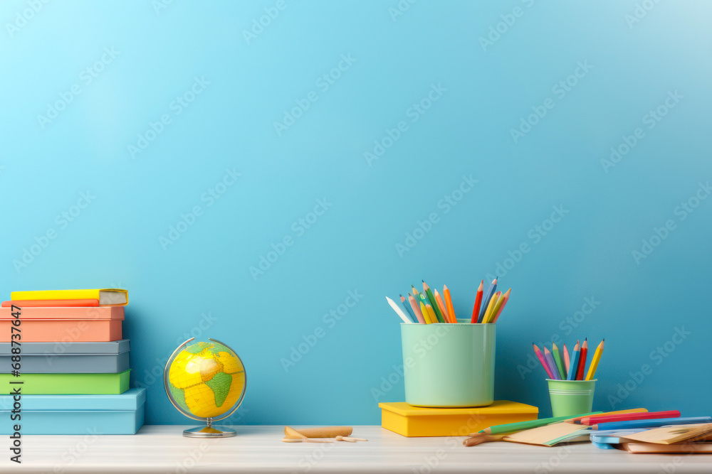 Education day concept. stationery and globe on blue background