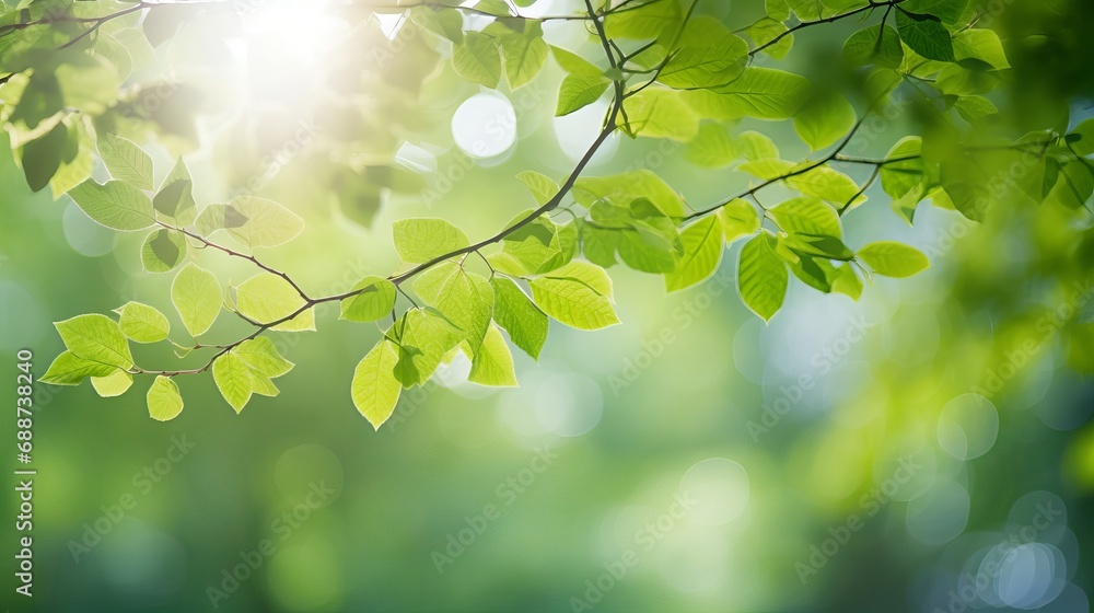 Obraz premium The green abstract bokeh is surrounded by tree leaves, which are illuminated with sunlight and soft light sparkles.