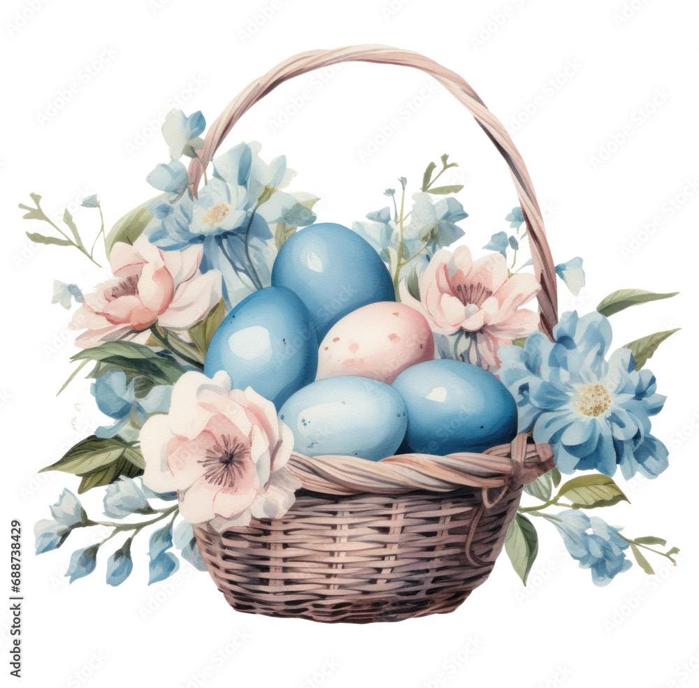 blue easter flowers and eggs in a basket,