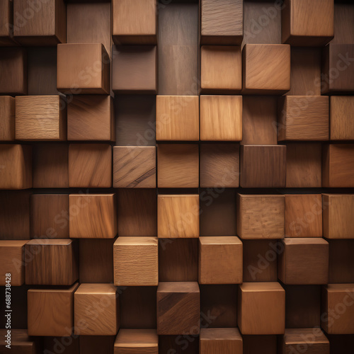 A wooden wall panel features a grid of rectangular blocks in varying woods  creating a textured decorative pattern