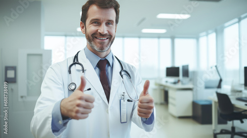Doctor showing thumbs up at hospital
