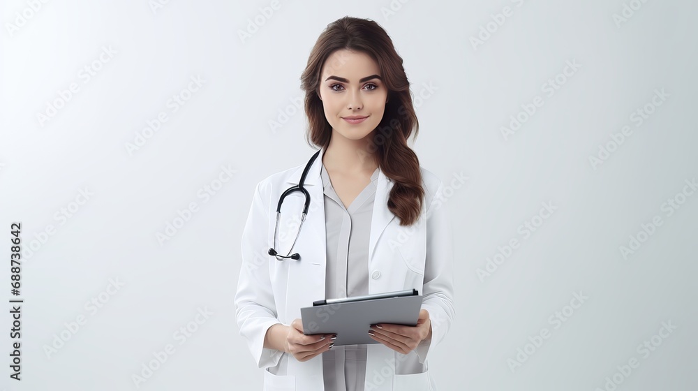 A female doctor presents a medicine that is isolated on white in a presentation. A female doctor presents a medicine that is isolated on white in a presentation.