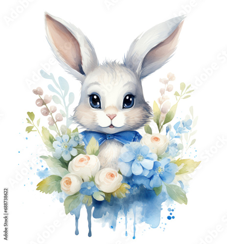 a watercolor illustration of a cartoon rabbit with flowers,