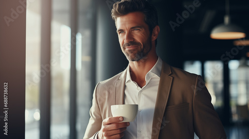 Stylish man with a cup of coffee. Businessman is drinking morning coffee after breakfast. Delicious hot espresso. Enjoy moment, take break. Freelancer lifestyle. Morning sun in the room. Generated AI