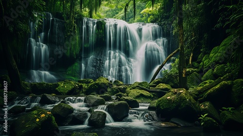 There is a waterfall that has green trees on both sides.