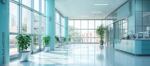 Hospital corridor with a glass wall and window
