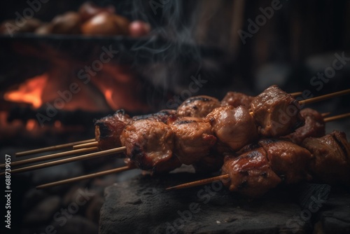 Mshikaki. Skewered meat grilled over open coals. African National Food Dish.  photo