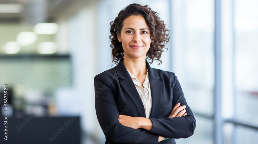 Portrait of beautiful smiling latino american business woman standing in her office. 

 - obrazy, fototapety, plakaty 