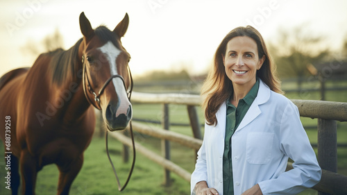Portrait and woman doctor at farm, care or smile, animal or nature. Vet, nurse and equine healthcare expert helping for wellness. photo