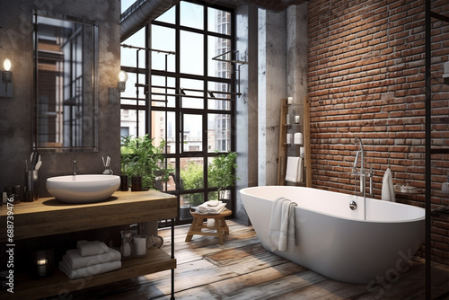 Loft style bathroom design with white bathtub