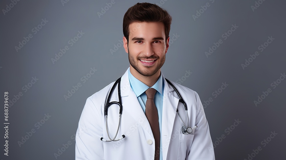 Standing on a white wall, a young male doctor is present. Standing on a white wall, a young male doctor is present.