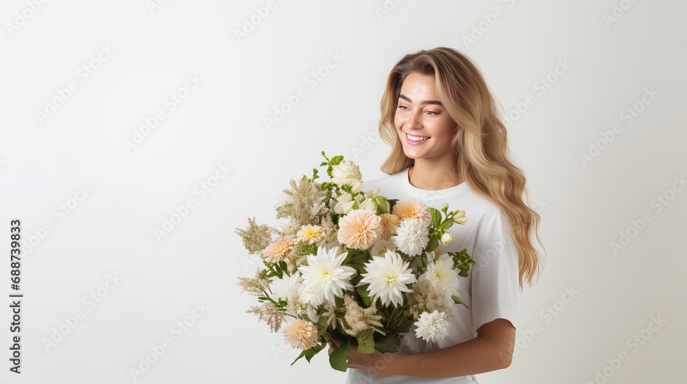 The young woman, who is a florist, has a bouquet that is isolated against a white studio background